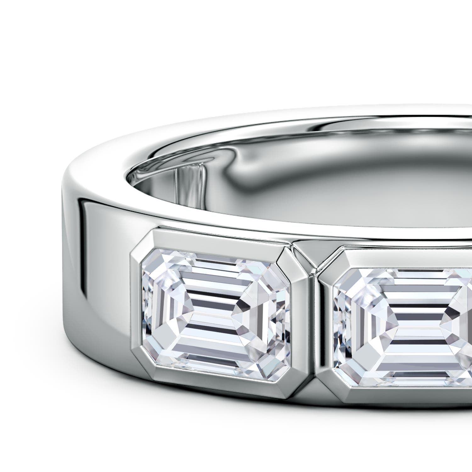 6x4mm HSI2 East-West Emerald-Cut Diamond men's Three Stone Ring in White Gold - side 3