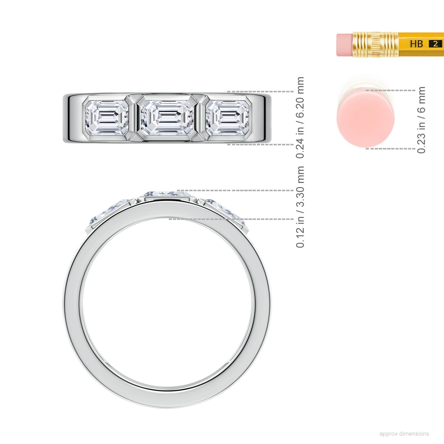 6x4mm HSI2 East-West Emerald-Cut Diamond men's Three Stone Ring in White Gold - ruler