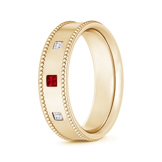 2.5mm AAAA Square Ruby Diamond 3 Stone Wedding Band for Men in 100 Yellow Gold