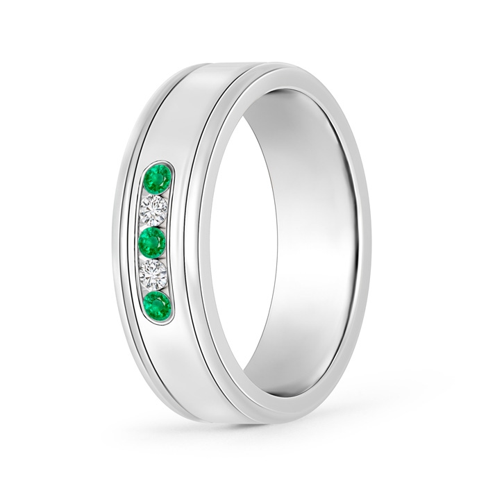 2mm AAA Round Emerald and Diamond Five Stone Grooved Wedding Band in 40 White Gold