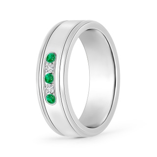 2mm AAA Round Emerald and Diamond Five Stone Grooved Wedding Band in 85 White Gold