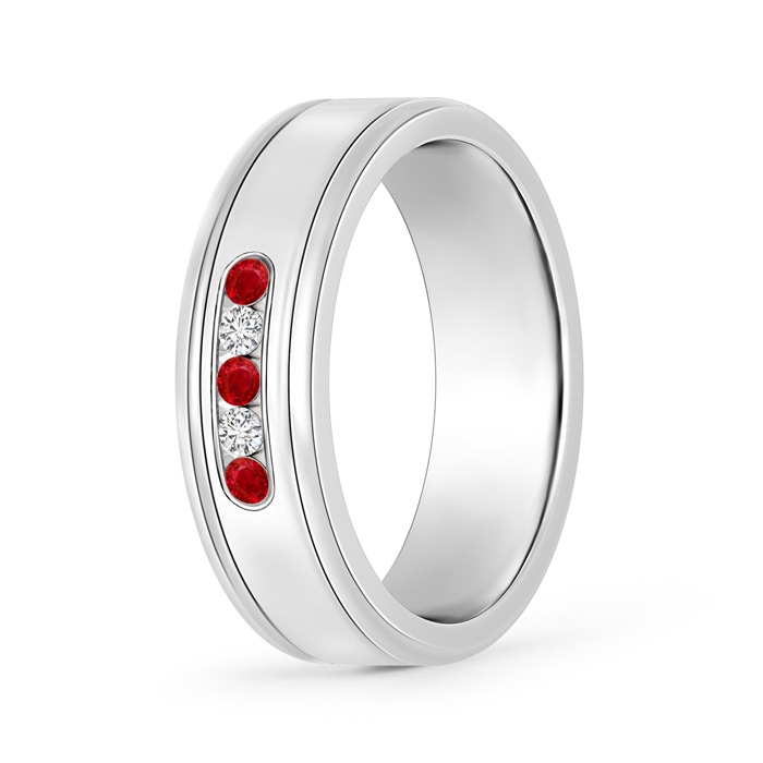 2mm AAA Round Ruby and Diamond Five Stone Grooved Wedding Band in 40 White Gold