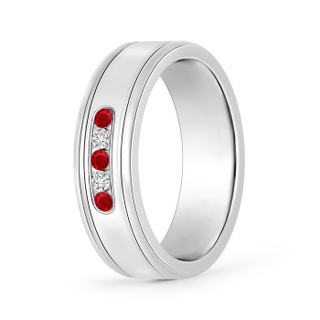 2mm AAA Round Ruby and Diamond Five Stone Grooved Wedding Band in 40 White Gold