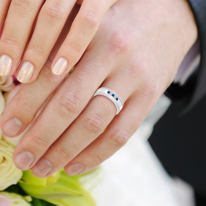 2mm AAA Round Blue Sapphire and Diamond Five Stone Wedding Band in 85 White Gold body-hand