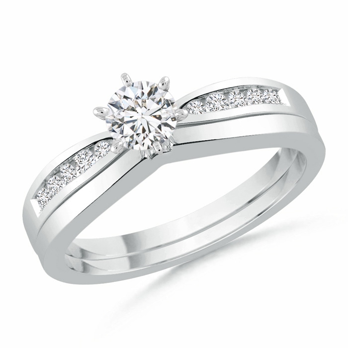 3.8mm HSI2 Solitaire Round Diamond Wedding Ring Set with Plain Band in White Gold