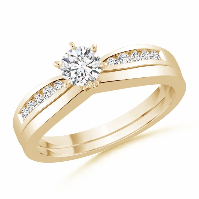 3.8mm HSI2 Solitaire Round Diamond Wedding Ring Set with Plain Band in Yellow Gold