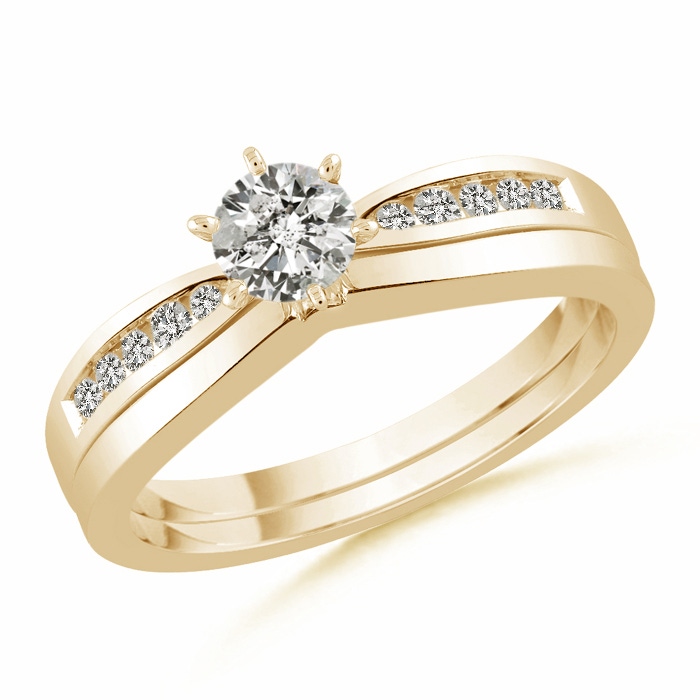 3.8mm KI3 Solitaire Round Diamond Wedding Ring Set with Plain Band in Yellow Gold 