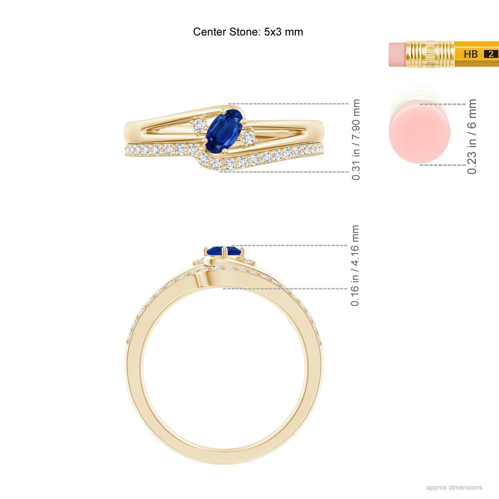5x3mm AAA Tilted Sapphire Split Shank Bridal Set with Diamonds in Yellow Gold Ruler