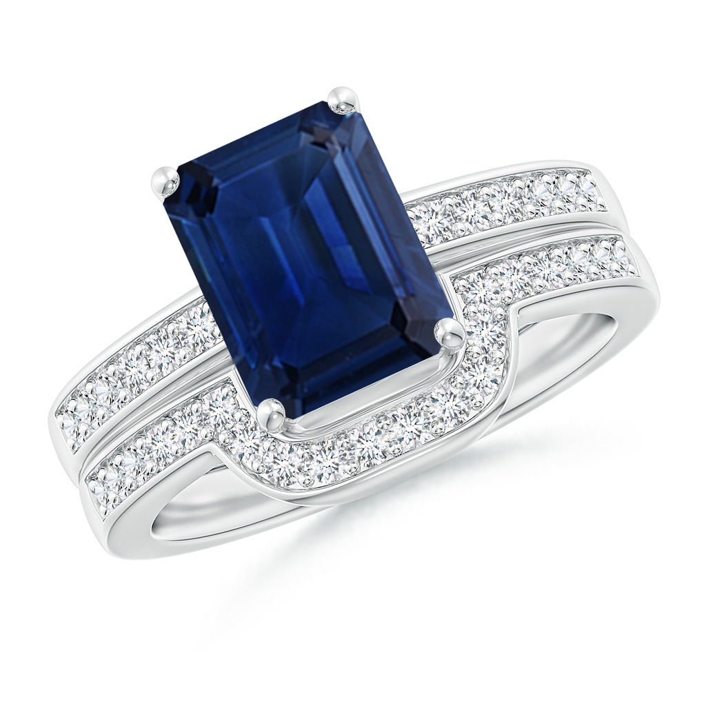 9x7mm AAA Emerald-Cut Blue Sapphire Bridal Set with Diamonds in White Gold