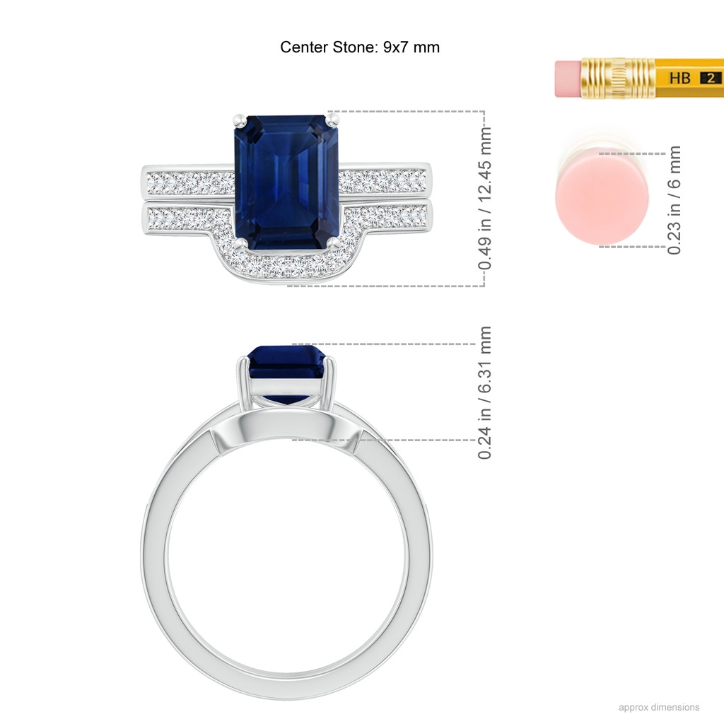 9x7mm AAA Emerald-Cut Blue Sapphire Bridal Set with Diamonds in White Gold Ruler