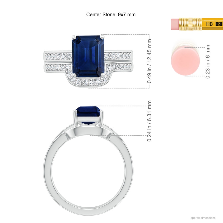 9x7mm AAA Emerald-Cut Blue Sapphire Bridal Set with Diamonds in White Gold ruler