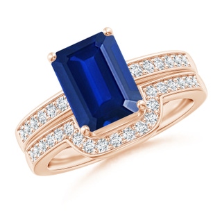 9x7mm AAAA Emerald-Cut Blue Sapphire Bridal Set with Diamonds in 9K Rose Gold