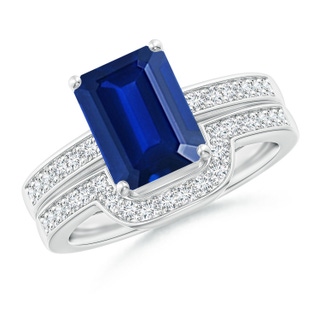 9x7mm AAAA Emerald-Cut Blue Sapphire Bridal Set with Diamonds in P950 Platinum
