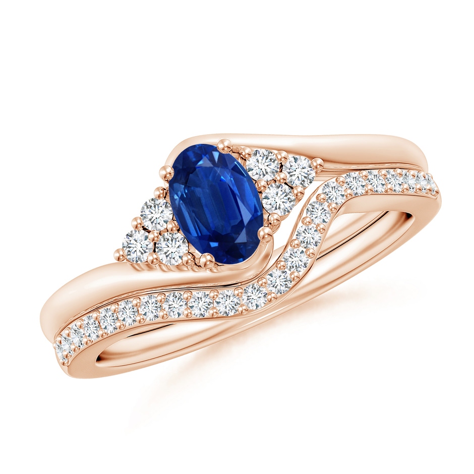 6x4mm AAA Oval Blue Sapphire Bypass Bridal Set with Diamonds in Rose Gold 
