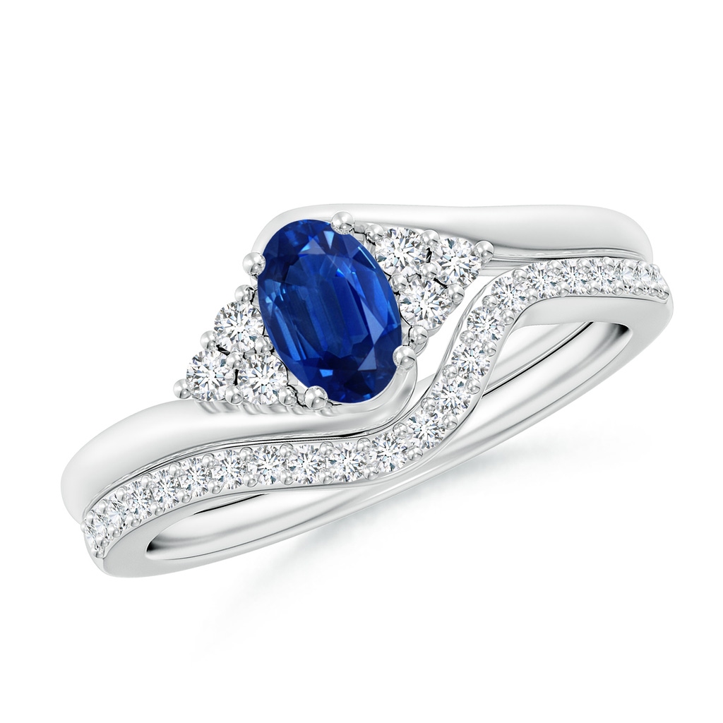 6x4mm AAA Oval Blue Sapphire Bypass Bridal Set with Diamonds in White Gold