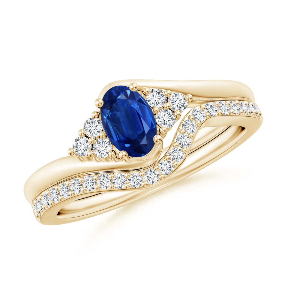 6x4mm AAA Oval Blue Sapphire Bypass Bridal Set with Diamonds in Yellow Gold 