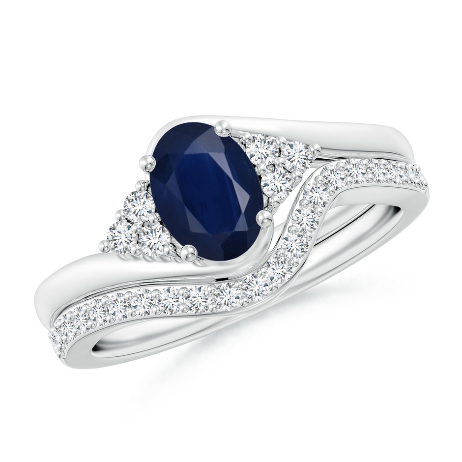 7x5mm A Oval Blue Sapphire Bypass Bridal Set with Diamonds in White Gold 