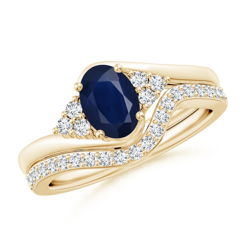 7x5mm A Oval Blue Sapphire Bypass Bridal Set with Diamonds in Yellow Gold 