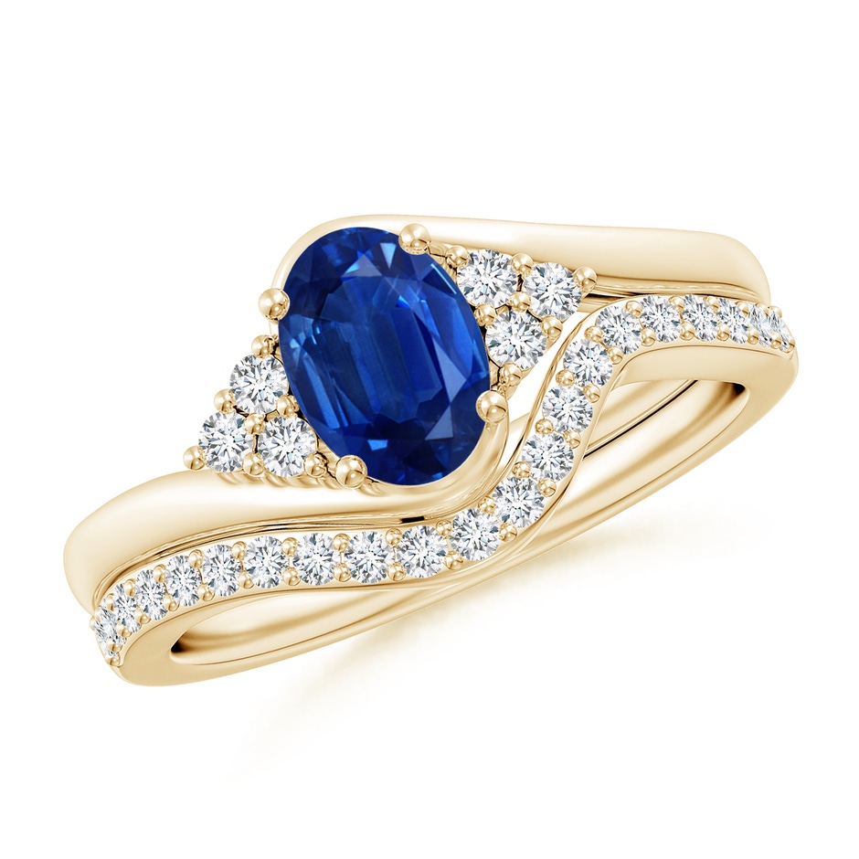 7x5mm AAA Oval Blue Sapphire Bypass Bridal Set with Diamonds in Yellow Gold 