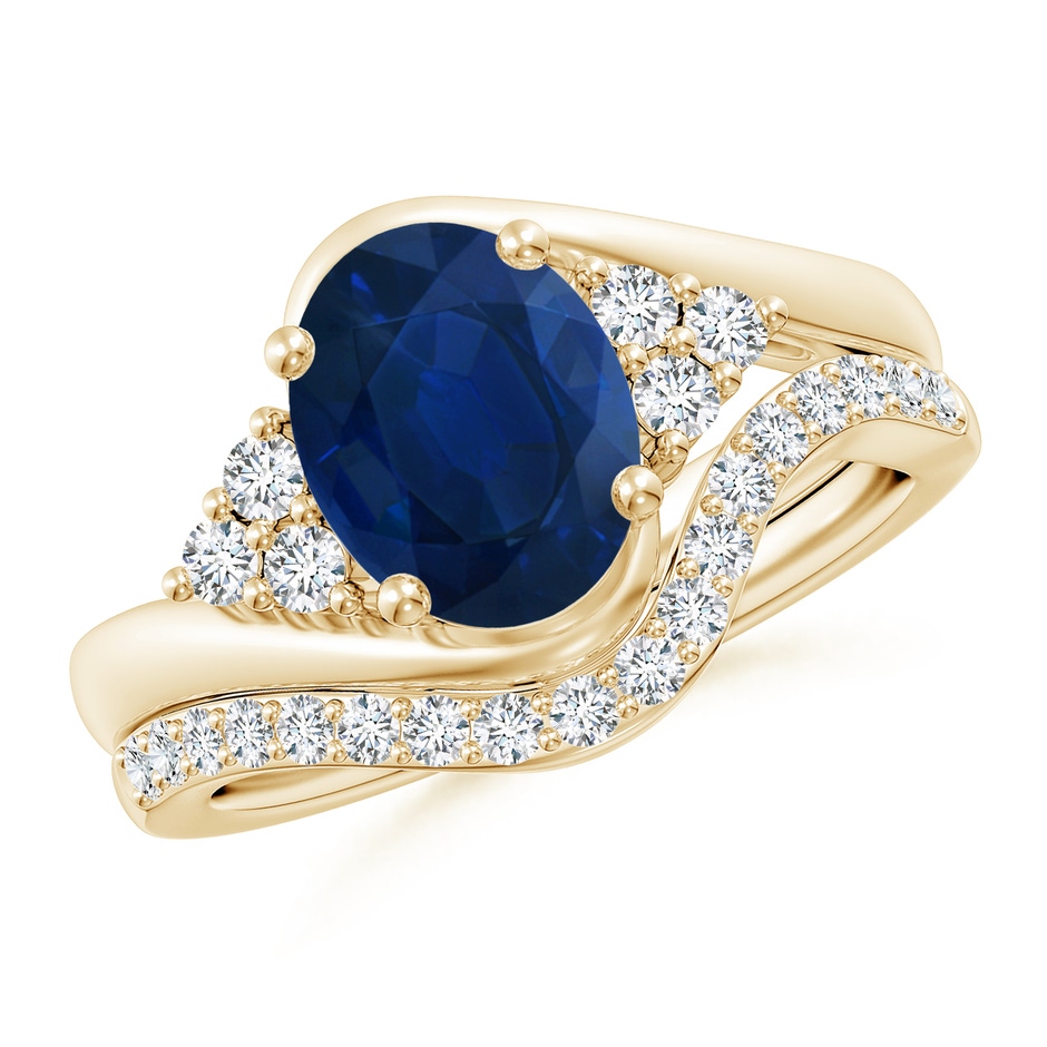 9x7mm AA Oval Blue Sapphire Bypass Bridal Set with Diamonds in Yellow Gold 