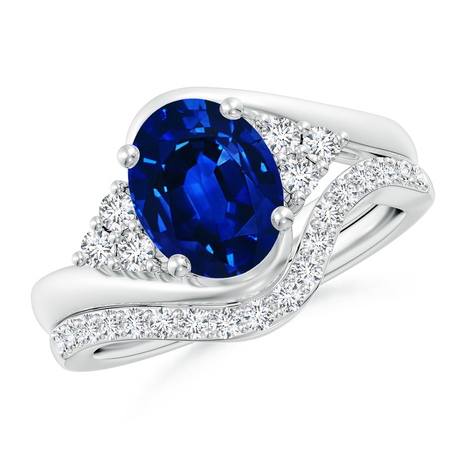 9x7mm AAAA Oval Blue Sapphire Bypass Bridal Set with Diamonds in White Gold 