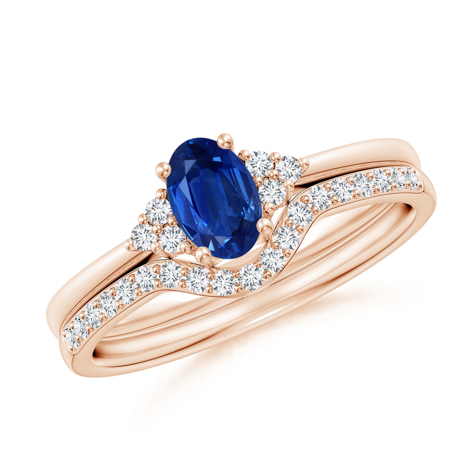 6x4mm AAA Blue Sapphire and Diamond Trio Bridal Set in Rose Gold 