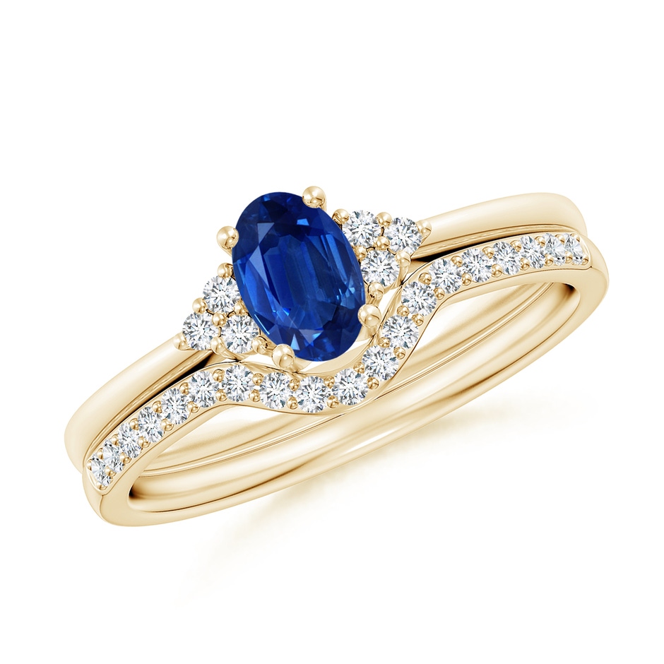 6x4mm AAA Blue Sapphire and Diamond Trio Bridal Set in Yellow Gold 