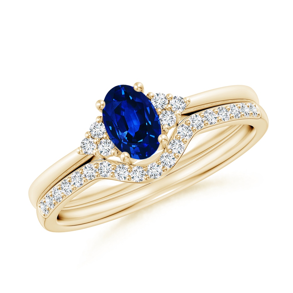 6x4mm AAAA Blue Sapphire and Diamond Trio Bridal Set in Yellow Gold