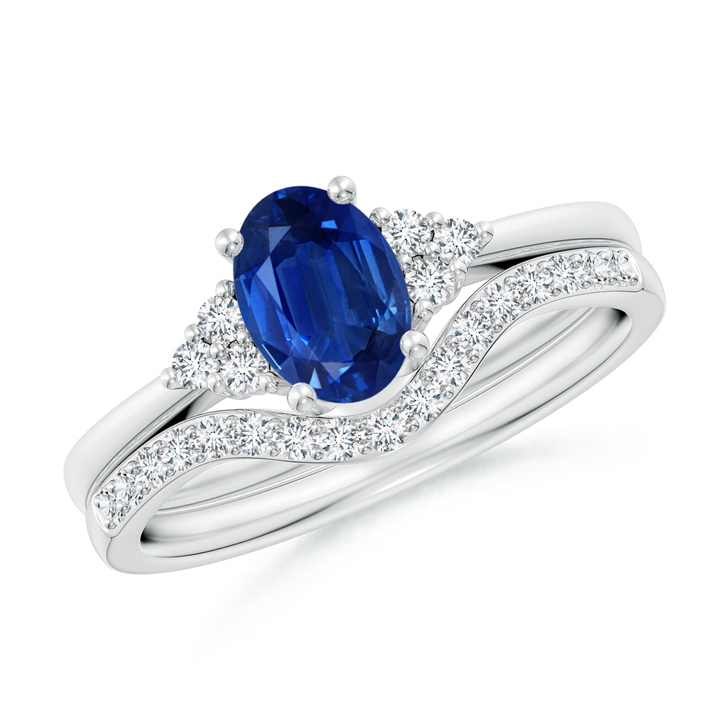 7x5mm AAA Blue Sapphire and Diamond Trio Bridal Set in White Gold