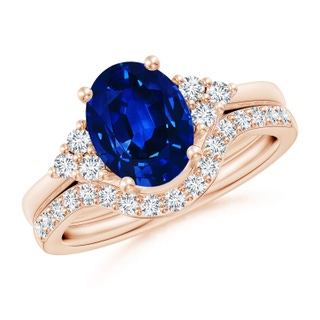 9x7mm Lab-Grown Blue Sapphire and Diamond Trio Bridal Set in Rose Gold