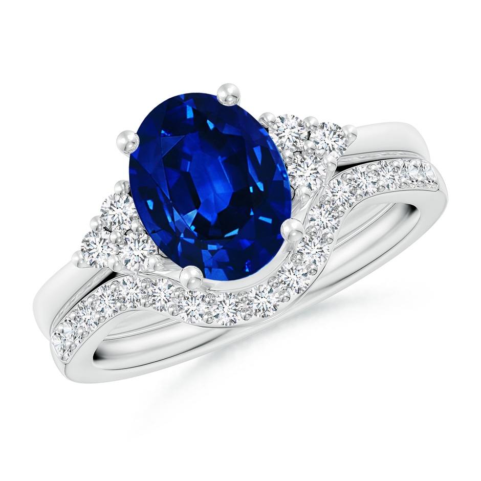 9x7mm Lab-Grown Blue Sapphire and Diamond Trio Bridal Set in White Gold 