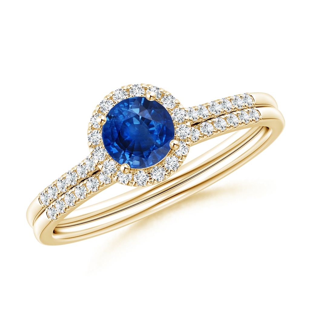 5mm AAA Blue Sapphire and Diamond Halo Comfort Fit Bridal Set in Yellow Gold 