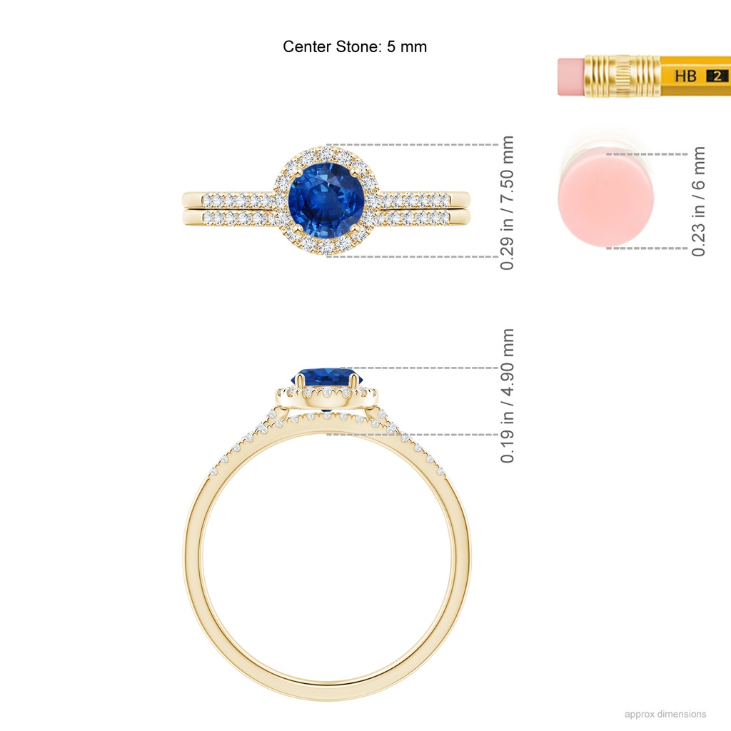 5mm AAA Blue Sapphire and Diamond Halo Comfort Fit Bridal Set in Yellow Gold Ruler