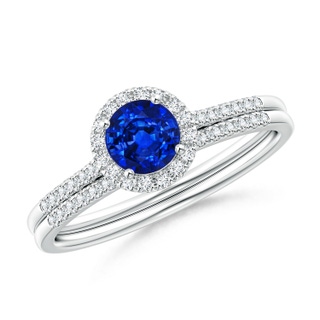 5mm AAAA Blue Sapphire and Diamond Halo Comfort Fit Bridal Set in White Gold