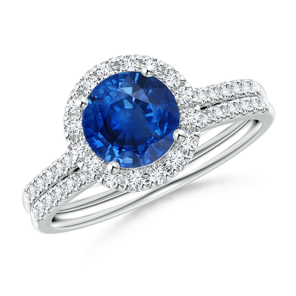 7mm AAA Blue Sapphire and Diamond Halo Comfort Fit Bridal Set in White Gold