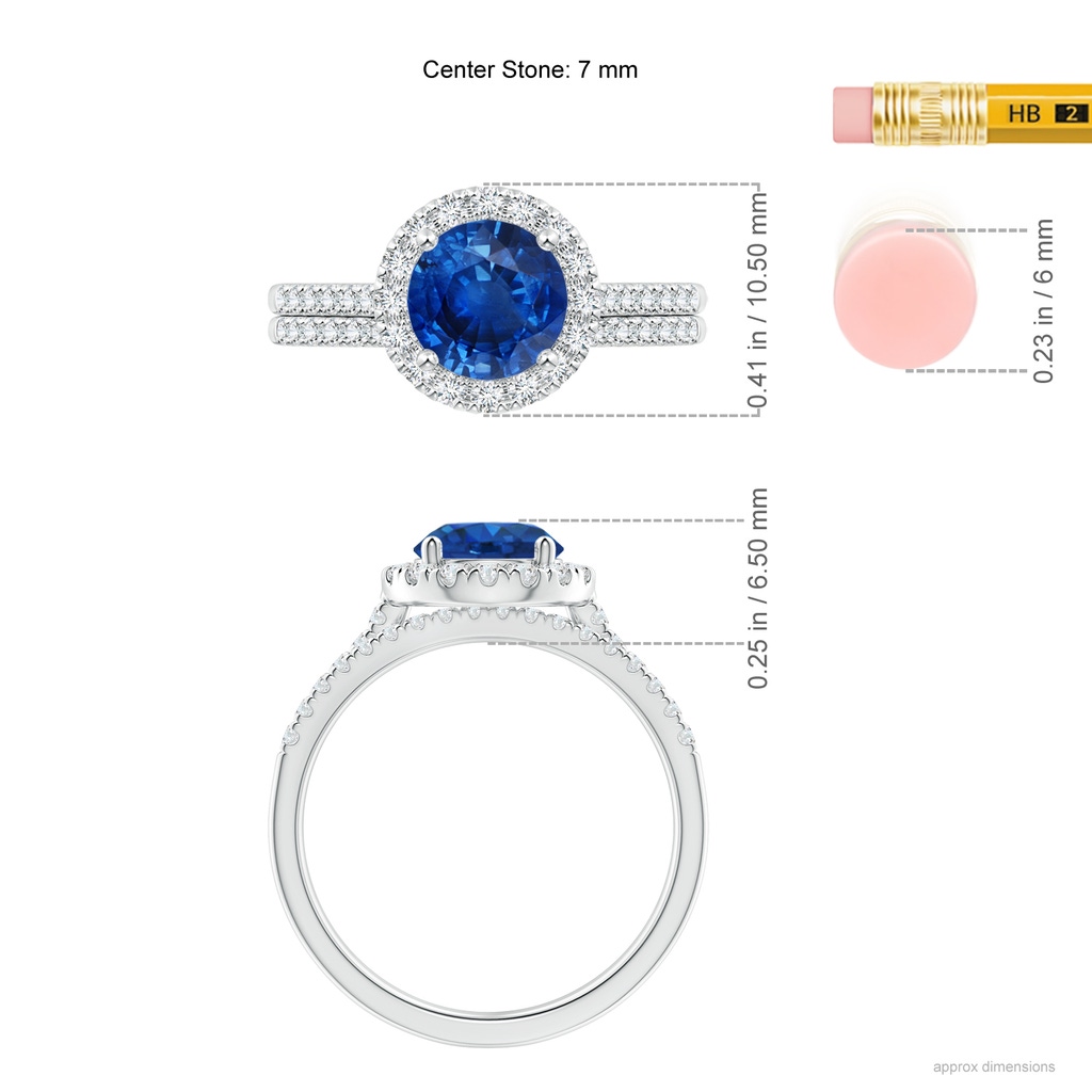 7mm AAA Blue Sapphire and Diamond Halo Comfort Fit Bridal Set in White Gold Ruler