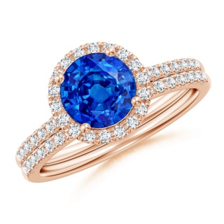 7mm AAAA Blue Sapphire and Diamond Halo Comfort Fit Bridal Set in 9K Rose Gold