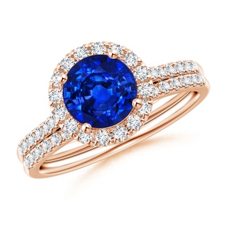 7mm AAAA Blue Sapphire and Diamond Halo Comfort Fit Bridal Set in Rose Gold