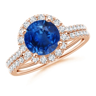 8mm AAA Blue Sapphire and Diamond Halo Comfort Fit Bridal Set in Rose Gold
