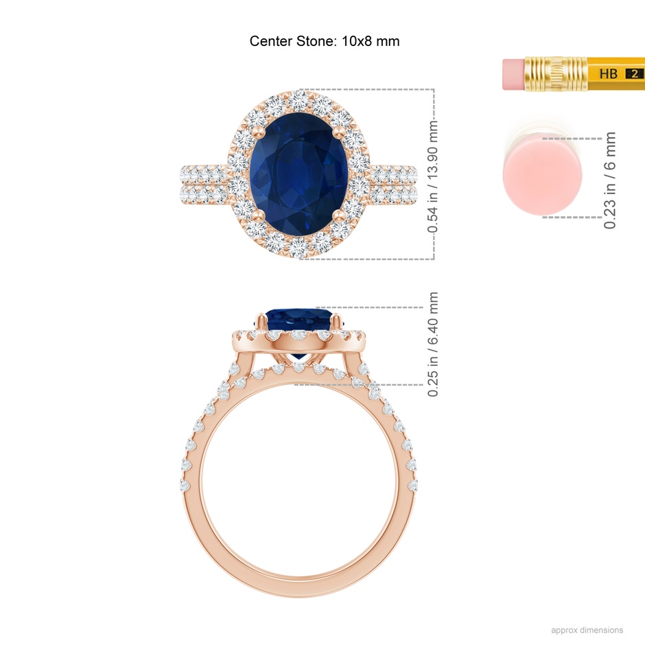 10x8mm AA Classic Blue Sapphire and Diamond Bridal Set in Rose Gold ruler