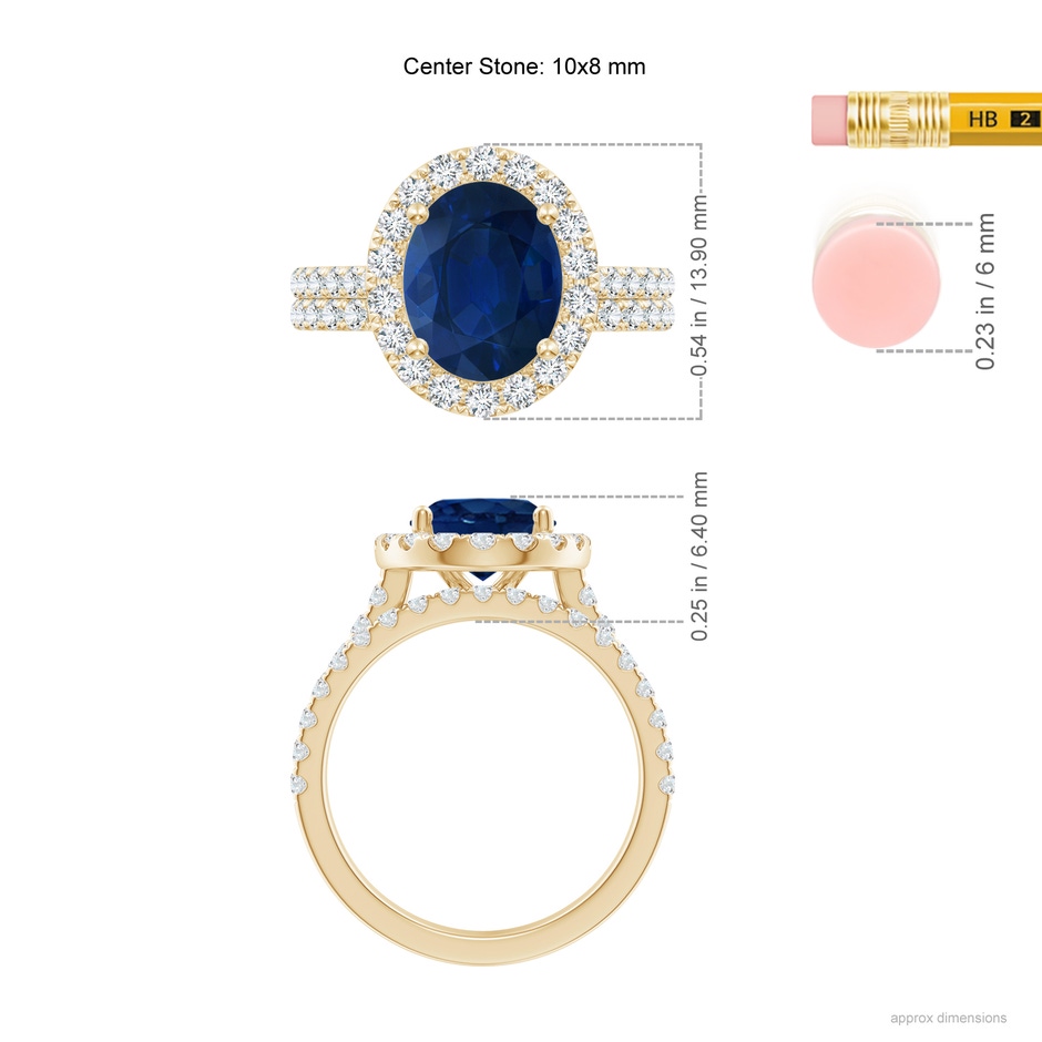 10x8mm AA Classic Blue Sapphire and Diamond Bridal Set in Yellow Gold ruler