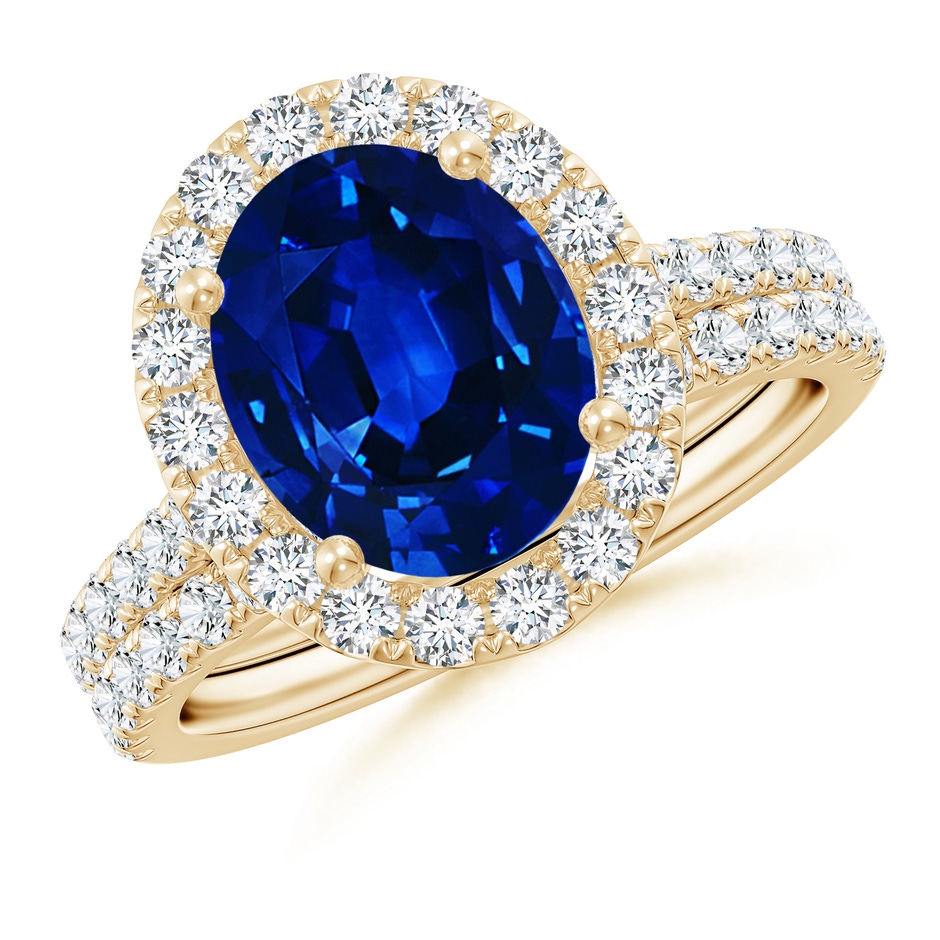 10x8mm AAAA Classic Blue Sapphire and Diamond Bridal Set in Yellow Gold 