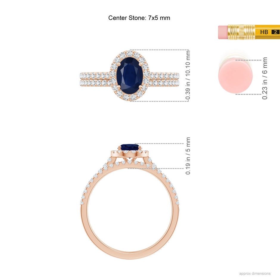 7x5mm A Classic Blue Sapphire and Diamond Bridal Set in Rose Gold ruler
