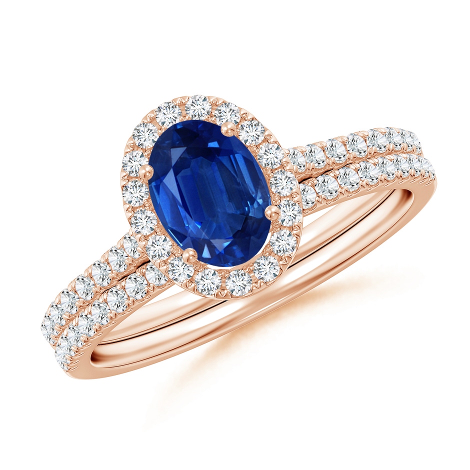 7x5mm AAA Classic Blue Sapphire and Diamond Bridal Set in Rose Gold 