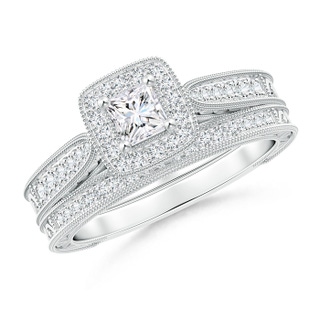 3.6mm GHVS Double Outlined Milgrain Princess Diamond Halo Bridal Set in P950 Platinum