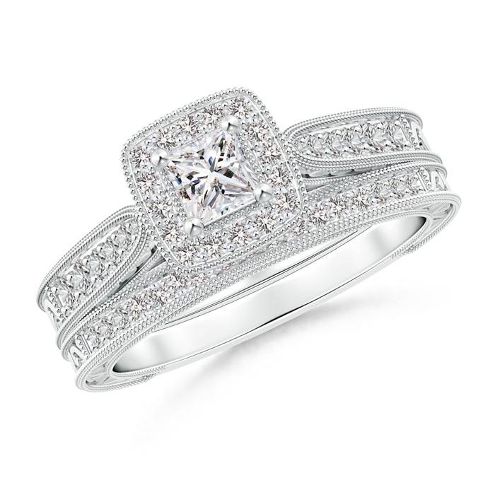 3.6mm II1 Double Outlined Milgrain Princess Diamond Halo Bridal Set in White Gold 