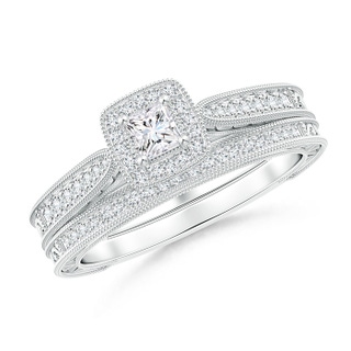 3mm GHVS Double Outlined Milgrain Princess Diamond Halo Bridal Set in White Gold