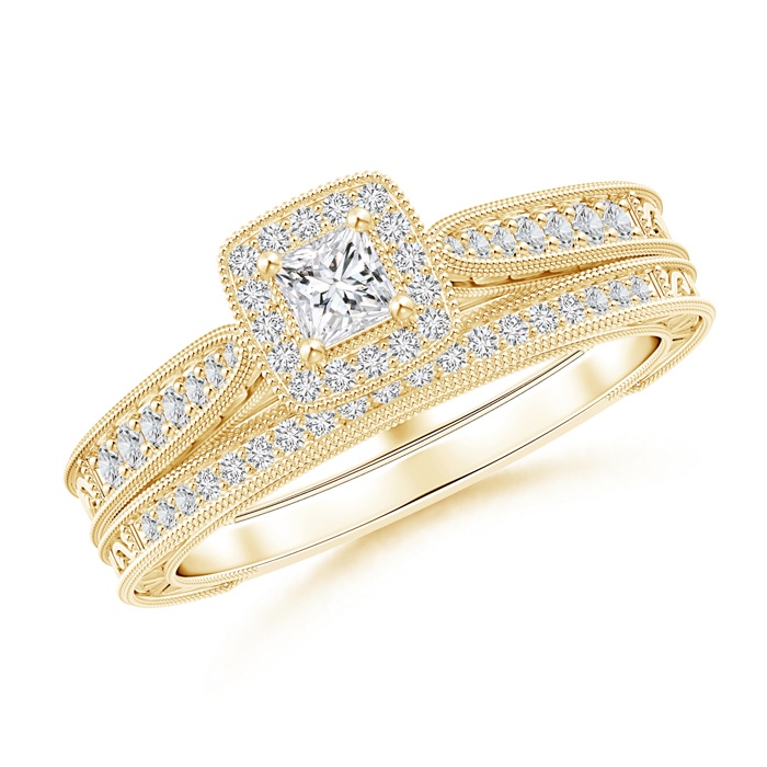 3mm HSI2 Double Outlined Milgrain Princess Diamond Halo Bridal Set in 18K Yellow Gold