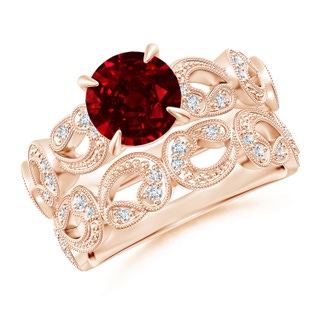 7mm AAAA Nature Inspired Ruby & Diamond Filigree Bridal Set in Rose Gold