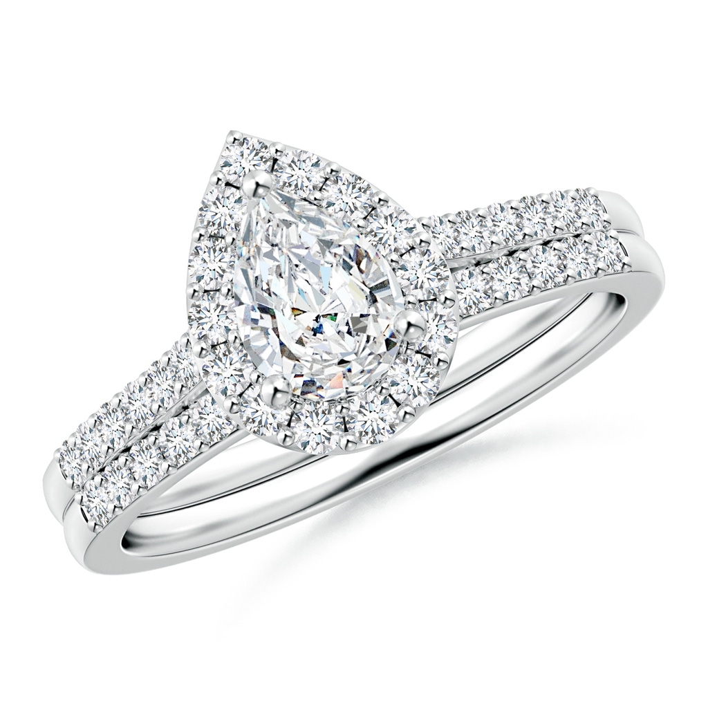 7x5mm GVS2 Pear-Shaped Diamond Halo Bridal Set with Accents in White Gold